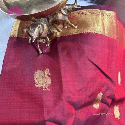 Maroon Red Kanchipuram Handloom SilK MARK CERTIFIED Saree with gold zari borders