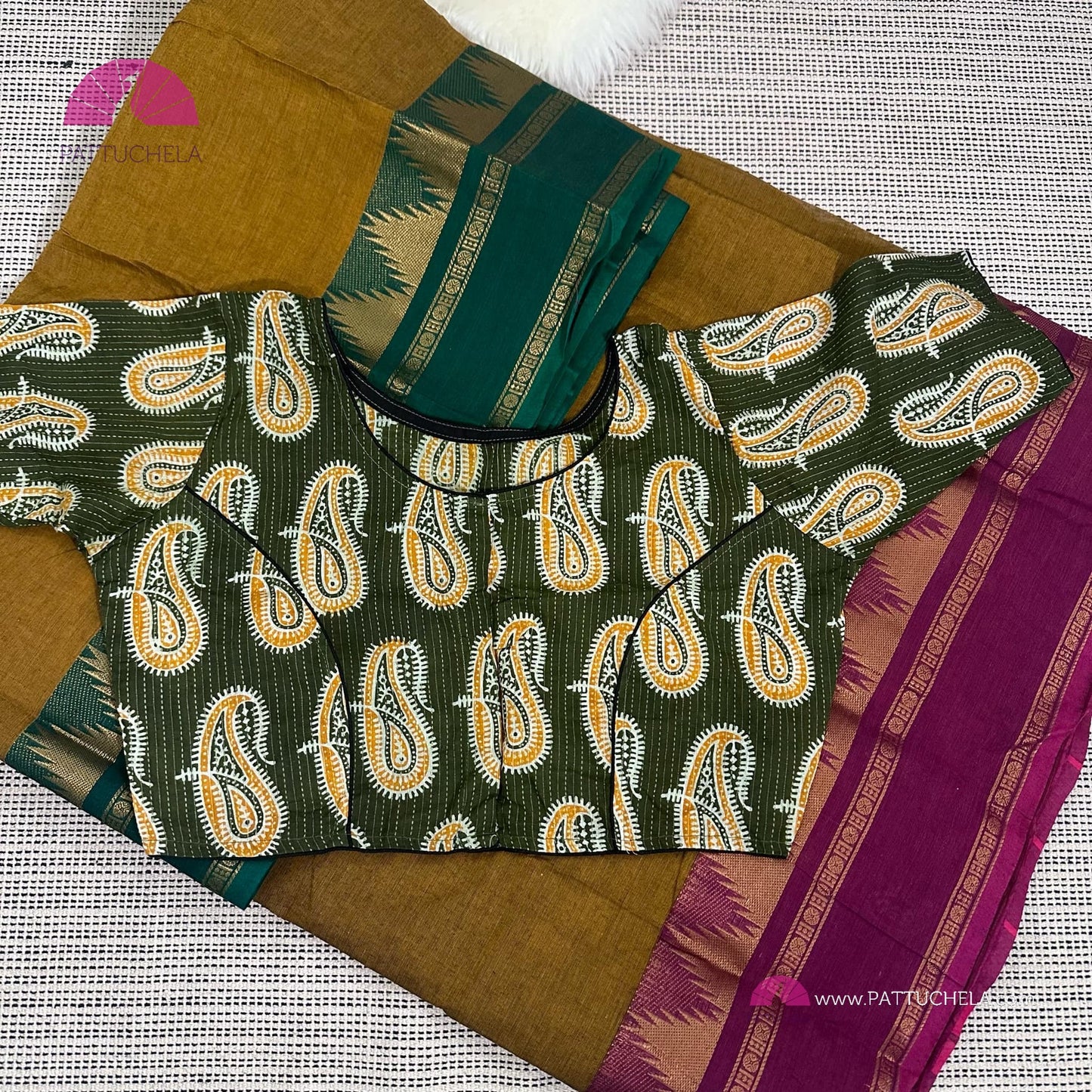 Pure Kanchipuram Cotton Ganga Jamuna border saree with stitched blouse | Kanchi Cotton