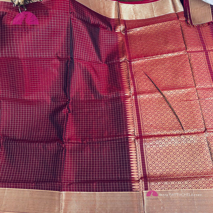 Maroon Kanchipuram Radhika Sarath Kumar Style Checked Handloom SILK MARK CERTIFIED Saree