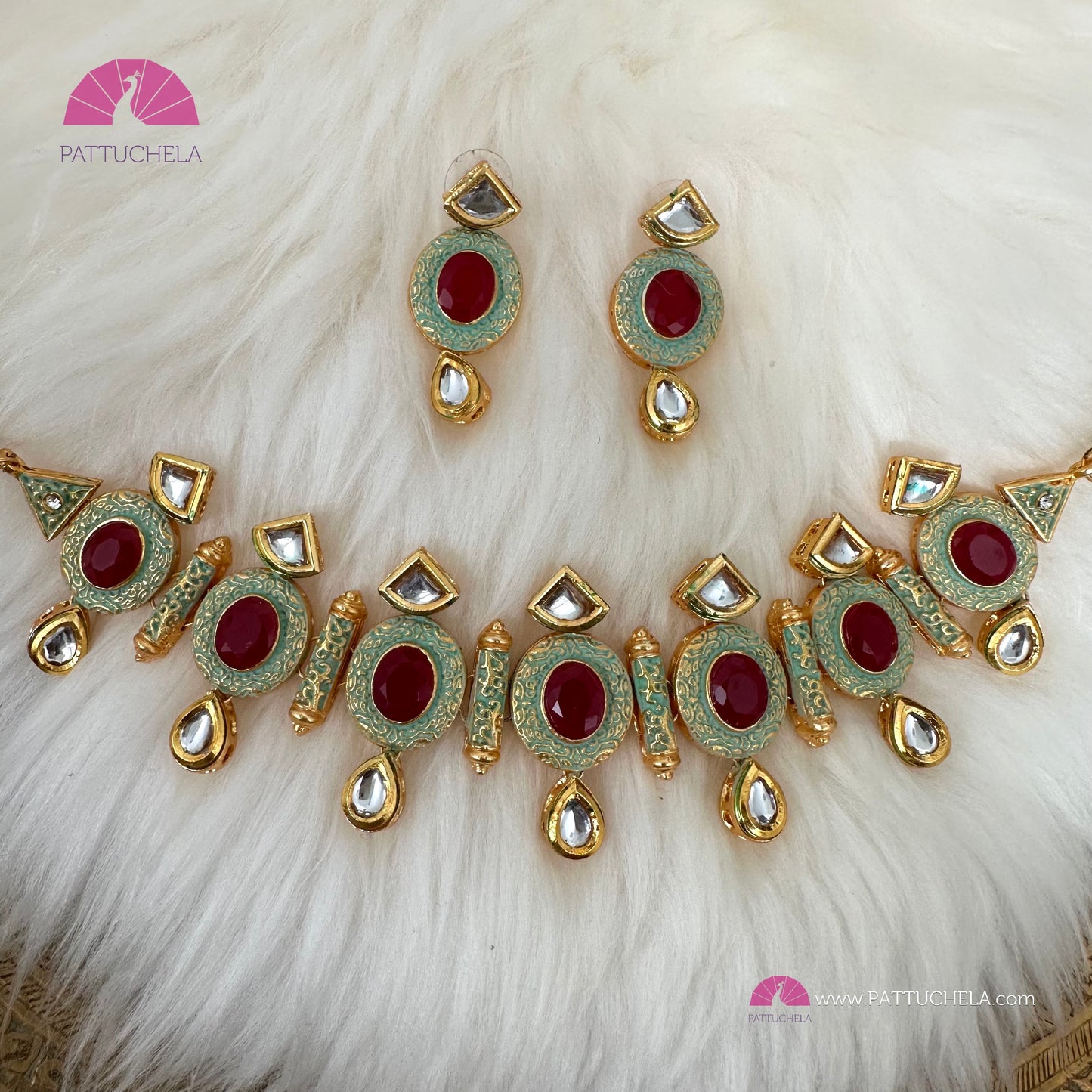 Green Enamel Kundan Chocker Necklace Set with Red Cut Stones | Fancy Jewelry | Indian Jewelry