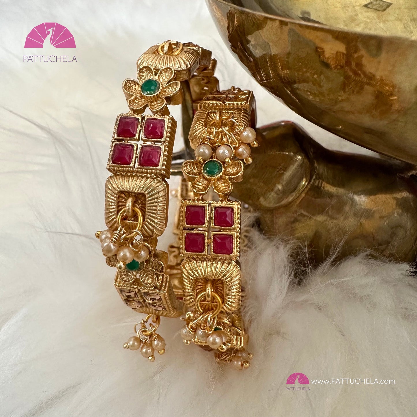 Pair of Gold tone Bangles with multi colour stones and pearls | Stone Bangles | Kada | Pearl Bangles | Indian Jewelry