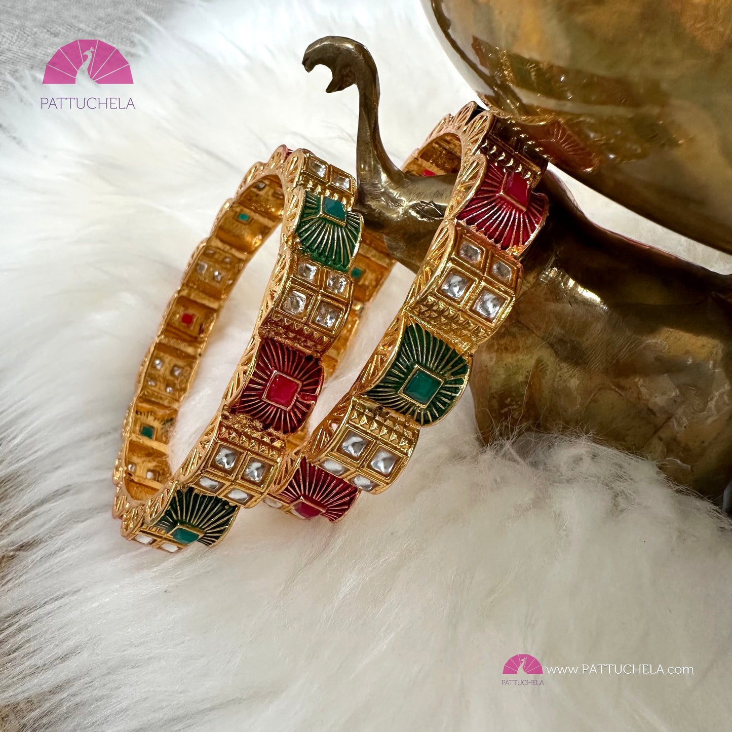 Pair of Gold tone Bangles with white stones and enamels | Stone Bangles | Kada | Pearl Bangles | Indian Jewelry