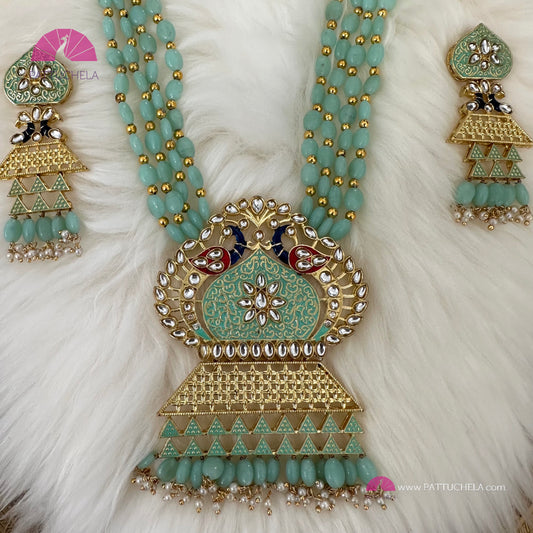 Long beaded necklace Set with Meenakari Kundan Pendant | Bead Mala | Indian Jewelry
