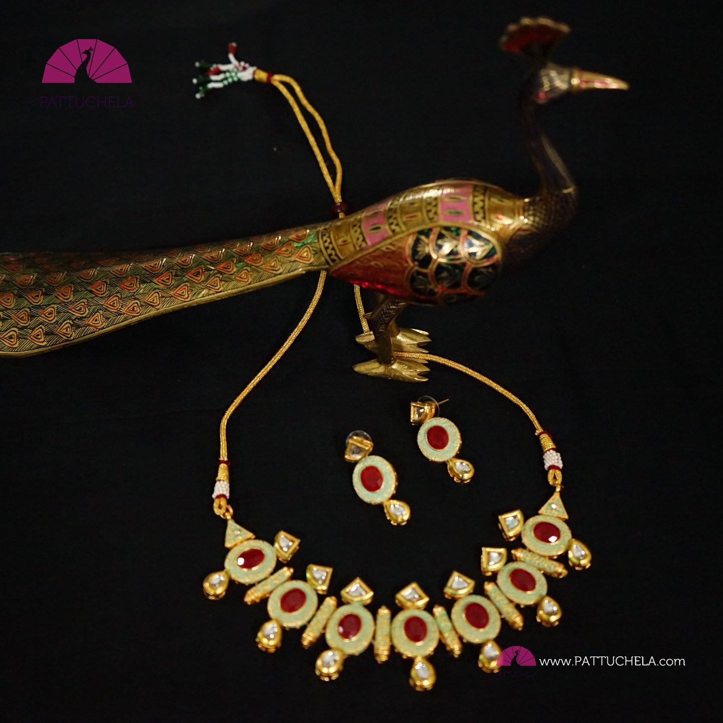 Green Enamel Kundan Chocker Necklace Set with Red Cut Stones | Fancy Jewelry | Indian Jewelry