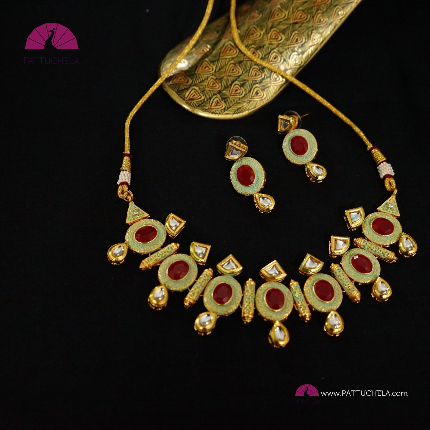 Green Enamel Kundan Chocker Necklace Set with Red Cut Stones | Fancy Jewelry | Indian Jewelry