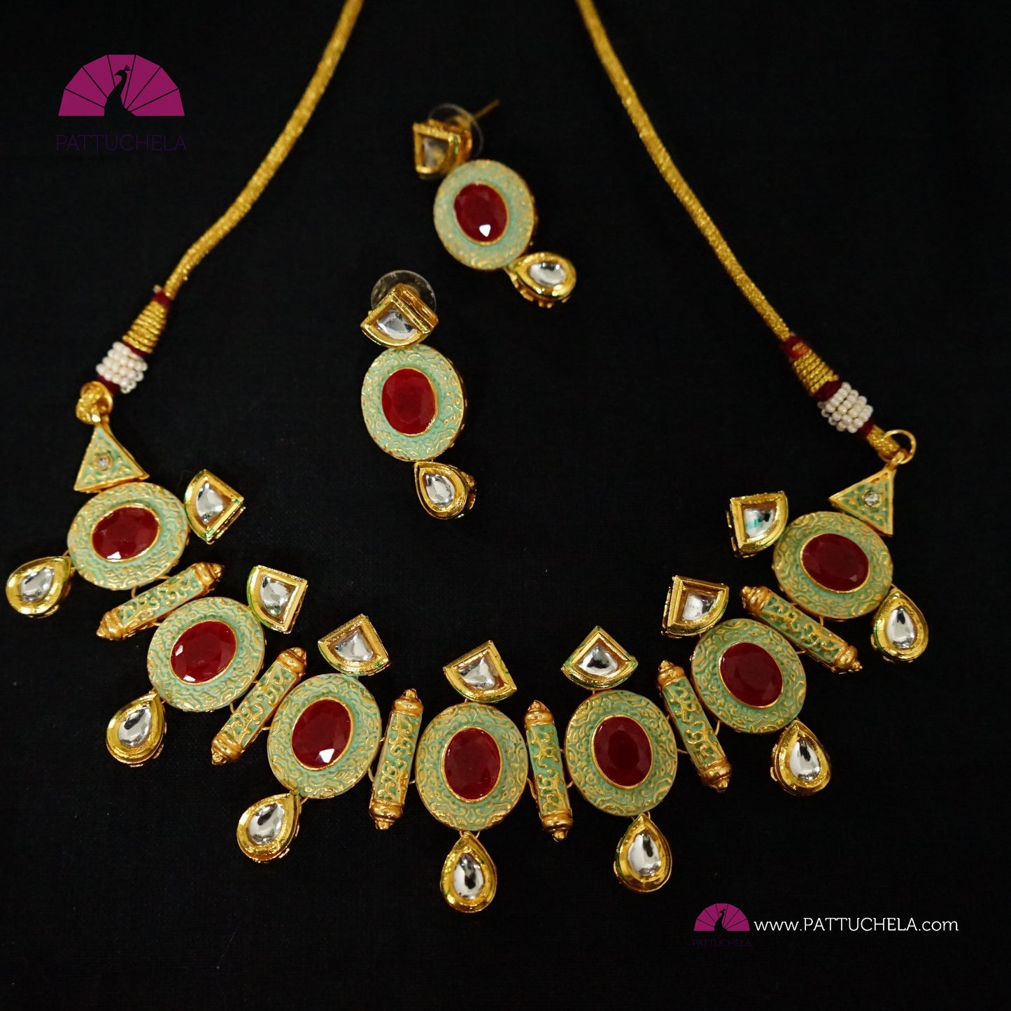 Green Enamel Kundan Chocker Necklace Set with Red Cut Stones | Fancy Jewelry | Indian Jewelry