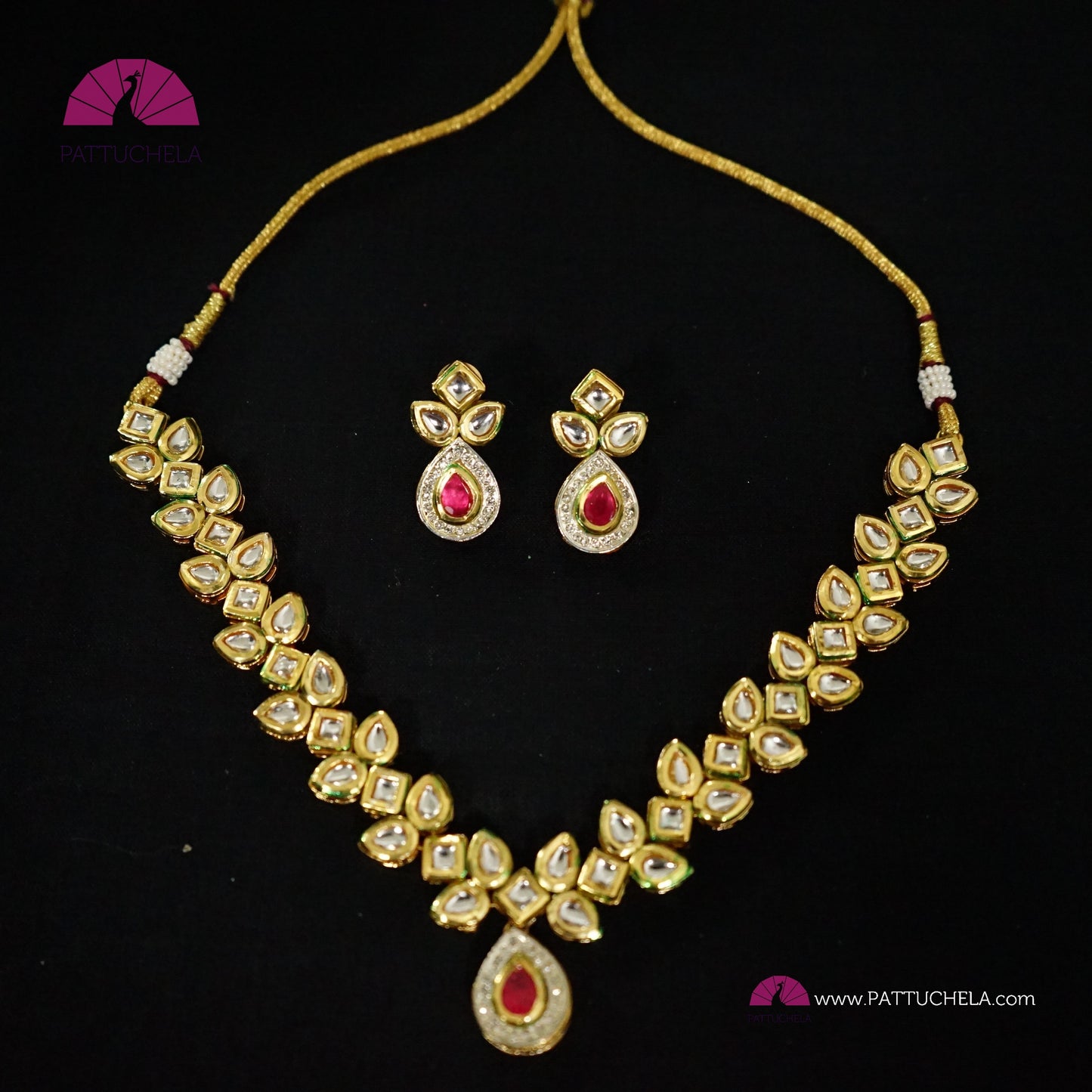 White Kundan Necklace Set with Red Cut Stones and Earrings | Fancy Jewelry | Indian Jewelry