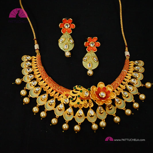 Orange and Green Enamel Necklace Set with Kundan and Pearls | Polki Jewelry | Kundan Jewelry