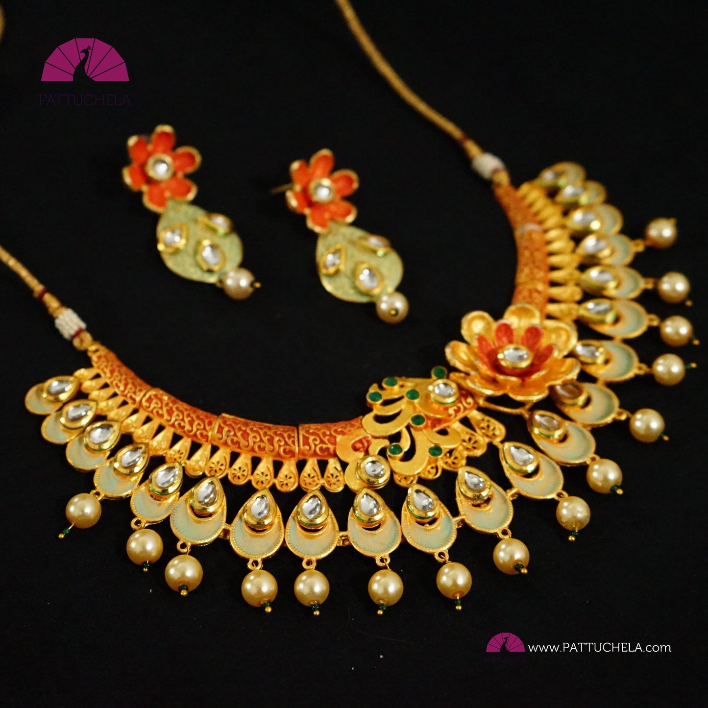 Orange and Green Enamel Necklace Set with Kundan and Pearls | Polki Jewelry | Kundan Jewelry