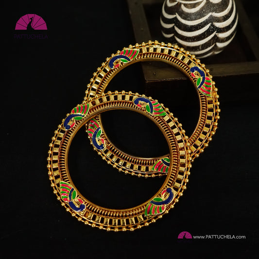 Pair of Gold tone Enamel Peacock Bangles | Gold Bangles | Kada | Peacock Bangles | Bead Bangles | Indian Jewelry