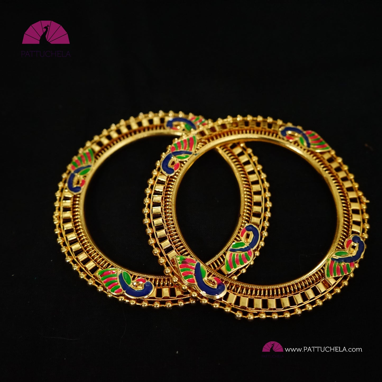 Pair of Gold tone Enamel Peacock Bangles | Gold Bangles | Kada | Peacock Bangles | Bead Bangles | Indian Jewelry
