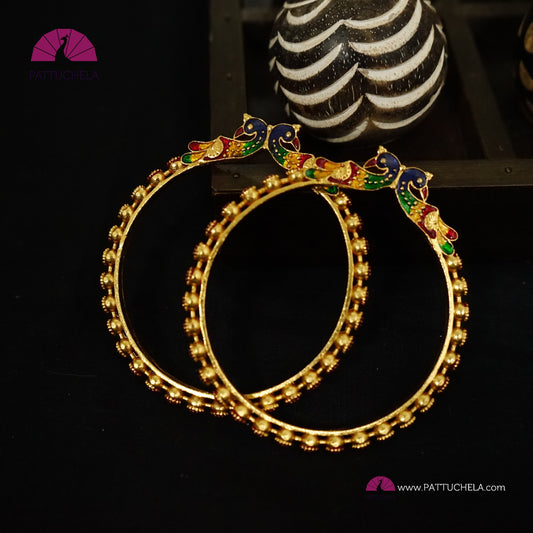Pair of Gold tone Bangles with Peacock Enamel | Gold Bangles | Kadas | Peacock Bangles | Bead Bangles | Indian Jewelry