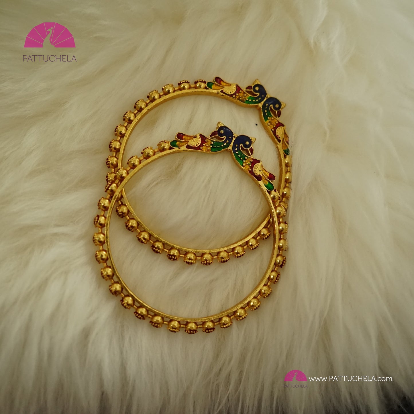 Pair of Gold tone Bangles with Peacock Enamel | Gold Bangles | Kadas | Peacock Bangles | Bead Bangles | Indian Jewelry