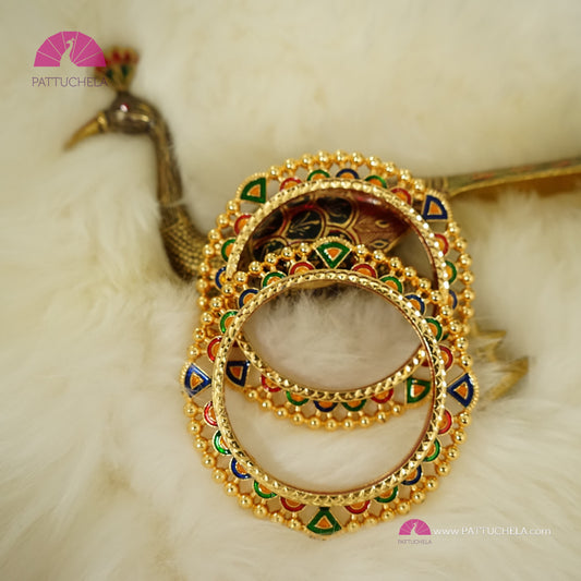 Pair of Gold tone multi colour Enamel Bangles | Gold Bangles | Kada | Floral Bangles | Bead Bangles | Indian Jewelry