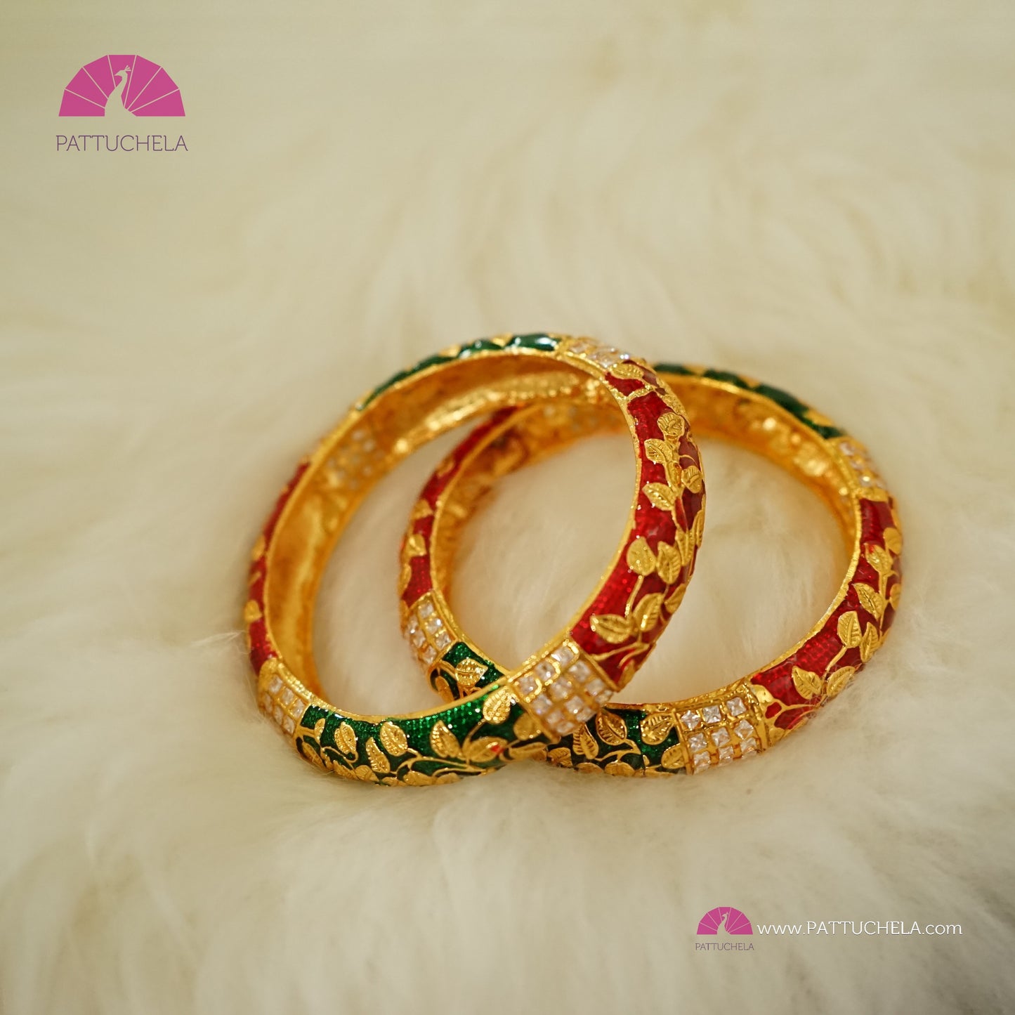 Pair of Red and Green Enamel bangles with white stones | Gold Bangles | Kada | Fancy Jewelry | Indian Jewelry