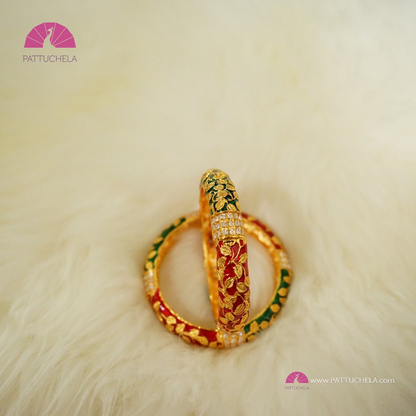 Pair of Red and Green Enamel bangles with white stones | Gold Bangles | Kada | Fancy Jewelry | Indian Jewelry