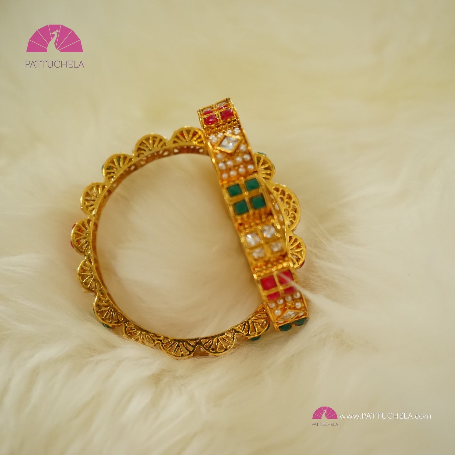 Pair of Gold tone Bangles with multi colour stones and pearls | Stone Bangles | Kada | Pearl Bangles | Indian Jewelry