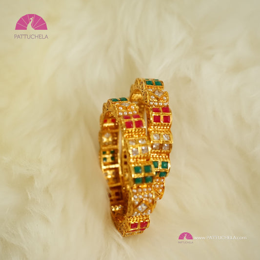 Pair of Gold tone Bangles with multi colour stones and pearls | Stone Bangles | Kada | Pearl Bangles | Indian Jewelry