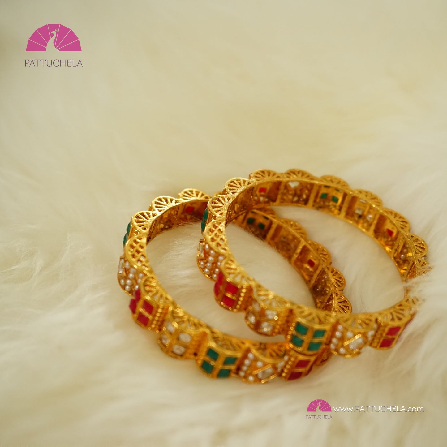 Pair of Gold tone Bangles with multi colour stones and pearls | Stone Bangles | Kada | Pearl Bangles | Indian Jewelry