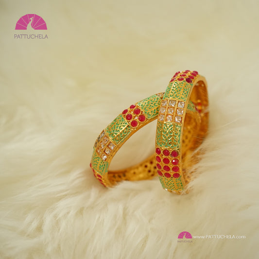 Pair of Gold tone Bangles with multi colour stones and enamels | Stone Bangles | Kada | Enamel Bangles | Indian Jewelry