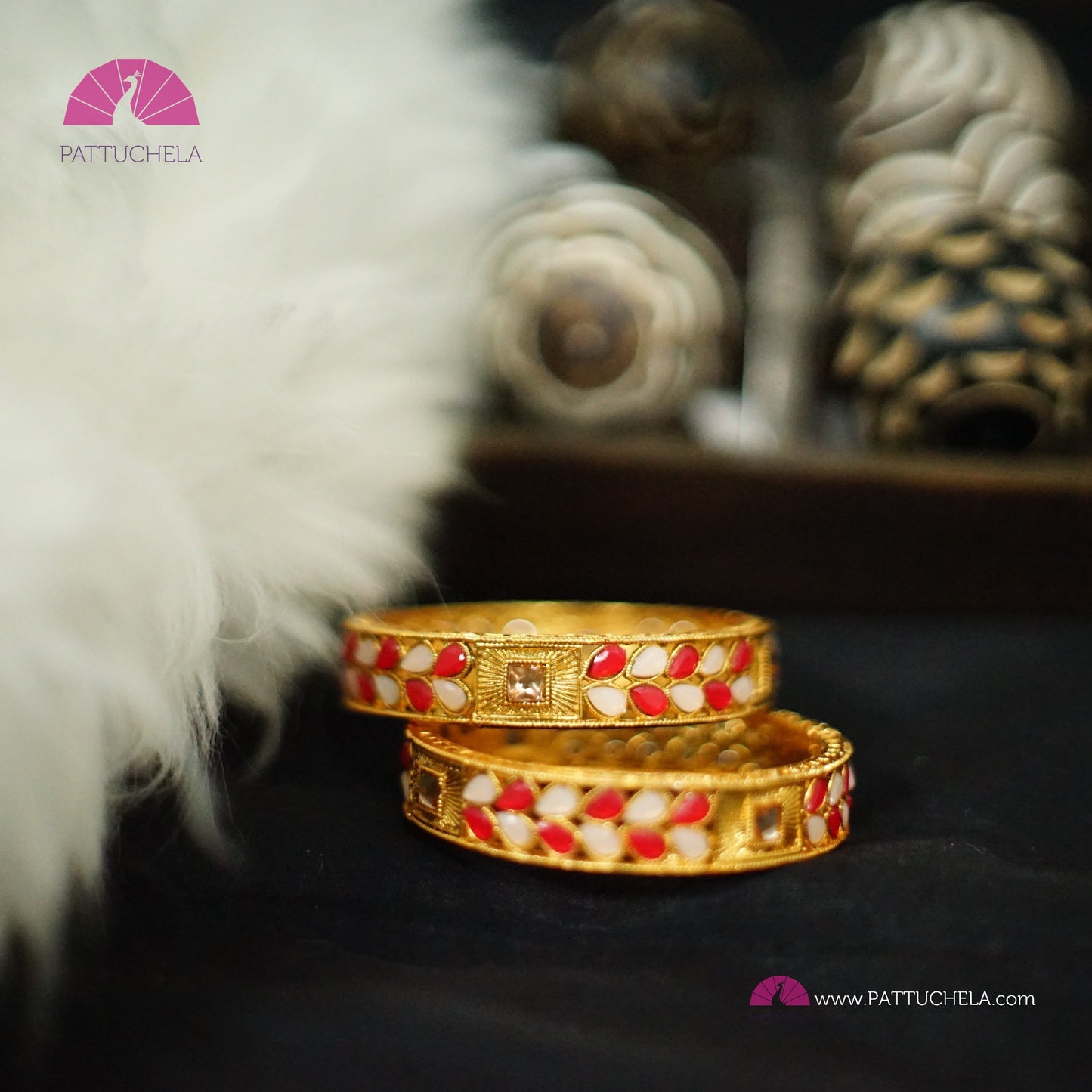 Pair of Gold Tone Bangles with Red and white stones | Gold Bangles | Kada | Fancy Jewelry | Indian Jewelry