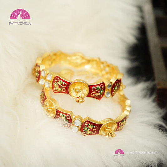 Pair of Gold tone Bangles with white colour stones and enamels | Stone Bangles | Kada | Enamel Bangles | Indian Jewelry |