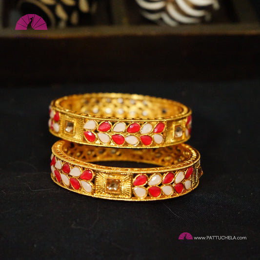 Pair of Gold Tone Bangles with Red and white stones | Gold Bangles | Kada | Fancy Jewelry | Indian Jewelry