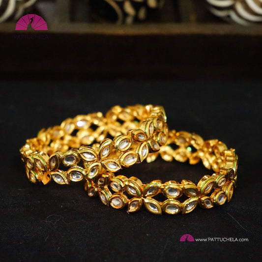 Pair of Gold tone Kundan Bangles with green enamels | Kundan Bangles | Polki Bangles | Kada | Enamel Bangles | Indian Jewelry