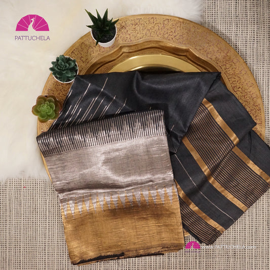 Dark Charcoal Grey Pure Khadi Raw Silk Saree with Unique Border in Gold and Silver Accent Tones| Statement Saree | Light Weight Saree | SILK MARK CERTIFIED | PattuChela Silks