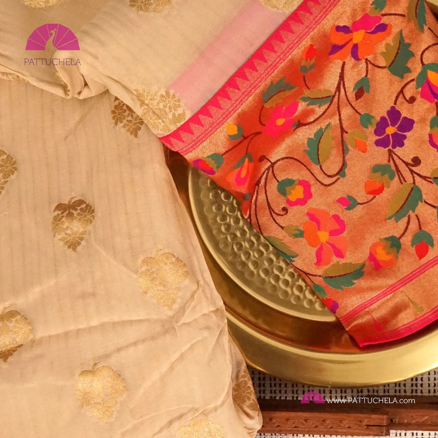 Cream Banarasi Georgette Silk Handwoven Saree with Pink Floral Paithani Borders