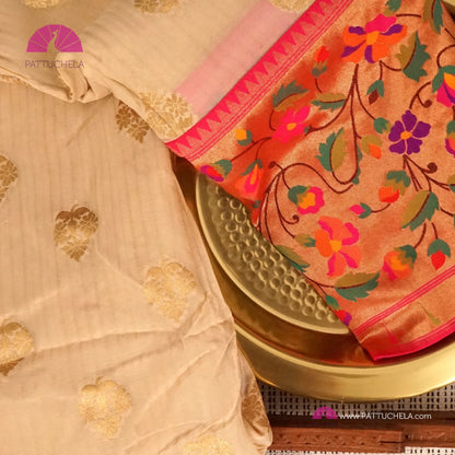 Cream Banarasi Georgette Silk Handwoven Saree with Pink Floral Paithani Borders