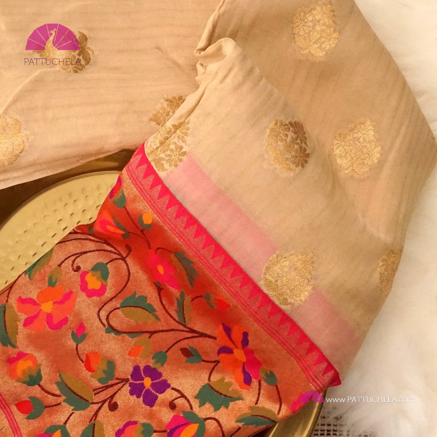 Cream Banarasi Georgette Silk Handwoven Saree with Pink Floral Paithani Borders