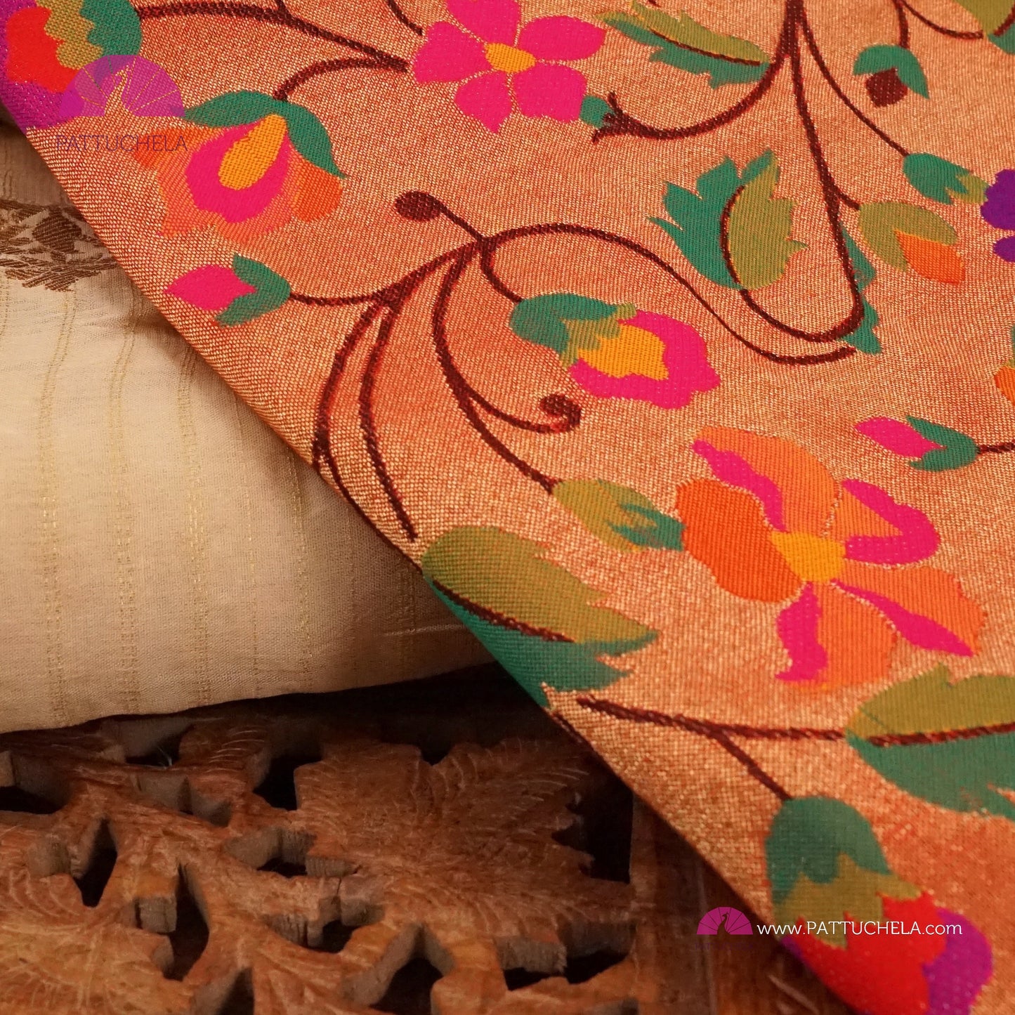 Cream Banarasi Georgette Silk Handwoven Saree with Pink Floral Paithani Borders