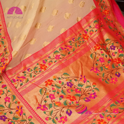 Cream Banarasi Georgette Silk Handwoven Saree with Pink Floral Paithani Borders