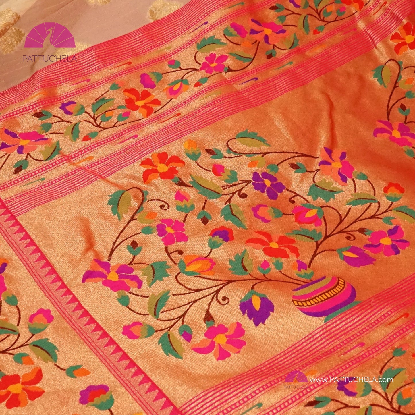 Cream Banarasi Georgette Silk Handwoven Saree with Pink Floral Paithani Borders