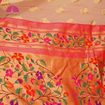 Cream Banarasi Georgette Silk Handwoven Saree with Pink Floral Paithani Borders