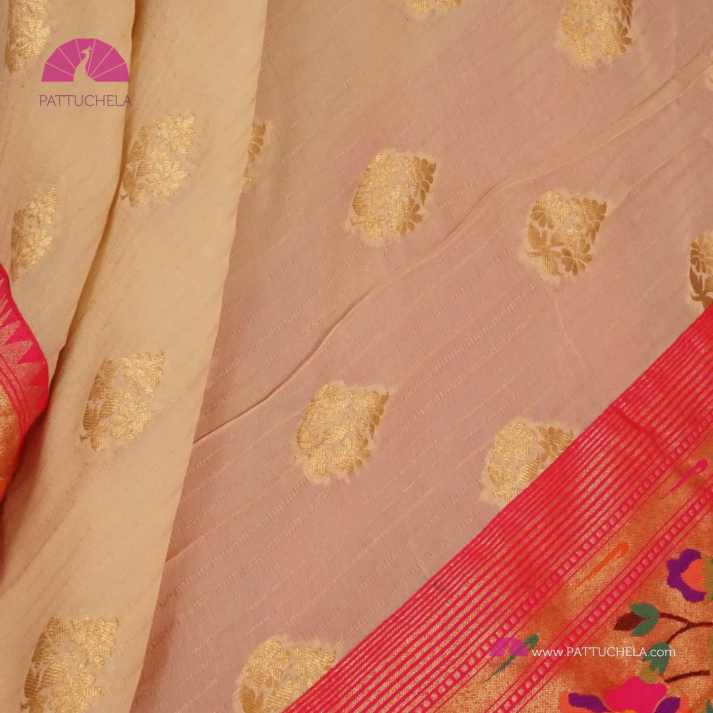 Cream Banarasi Georgette Silk Handwoven Saree with Pink Floral Paithani Borders