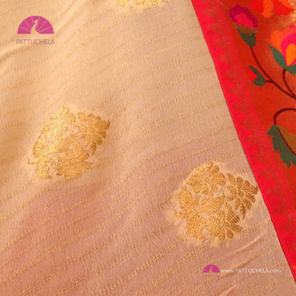 Cream Banarasi Georgette Silk Handwoven Saree with Pink Floral Paithani Borders