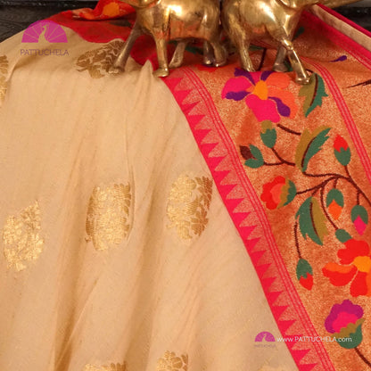 Cream Banarasi Georgette Silk Handwoven Saree with Pink Floral Paithani Borders