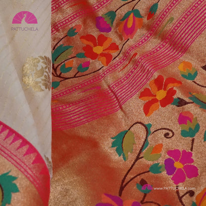 Cream Banarasi Georgette Silk Handwoven Saree with Pink Floral Paithani Borders