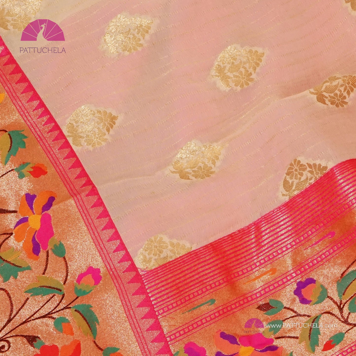 Cream Banarasi Georgette Silk Handwoven Saree with Pink Floral Paithani Borders