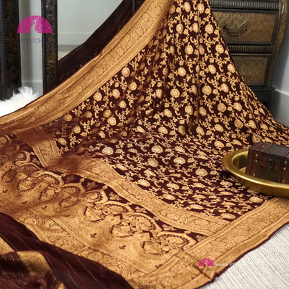 Gorgeous Khaddi Banarasi Georgette Silk handwoven Saree in Coffee Brown Color