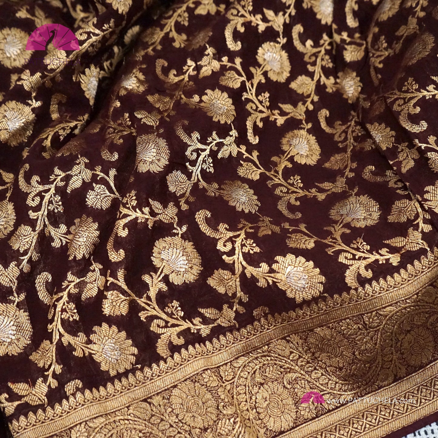 Gorgeous Khaddi Banarasi Georgette Silk handwoven Saree in Coffee Brown Color