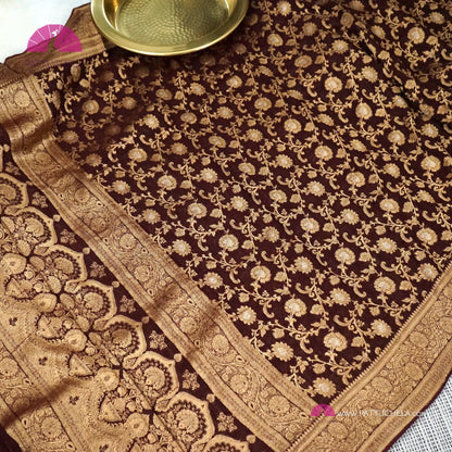 Gorgeous Khaddi Banarasi Georgette Silk handwoven Saree in Coffee Brown Color