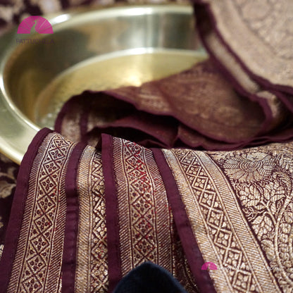 Gorgeous Khaddi Banarasi Georgette Silk handwoven Saree in Coffee Brown Color