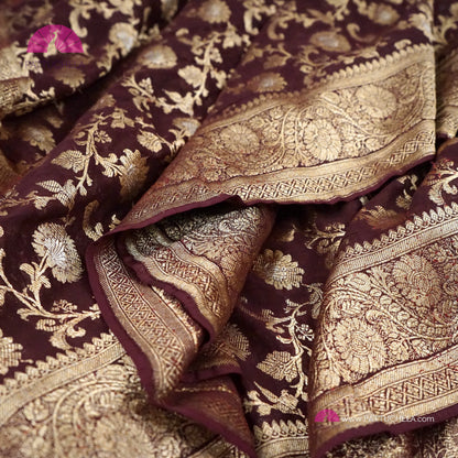 Gorgeous Khaddi Banarasi Georgette Silk handwoven Saree in Coffee Brown Color