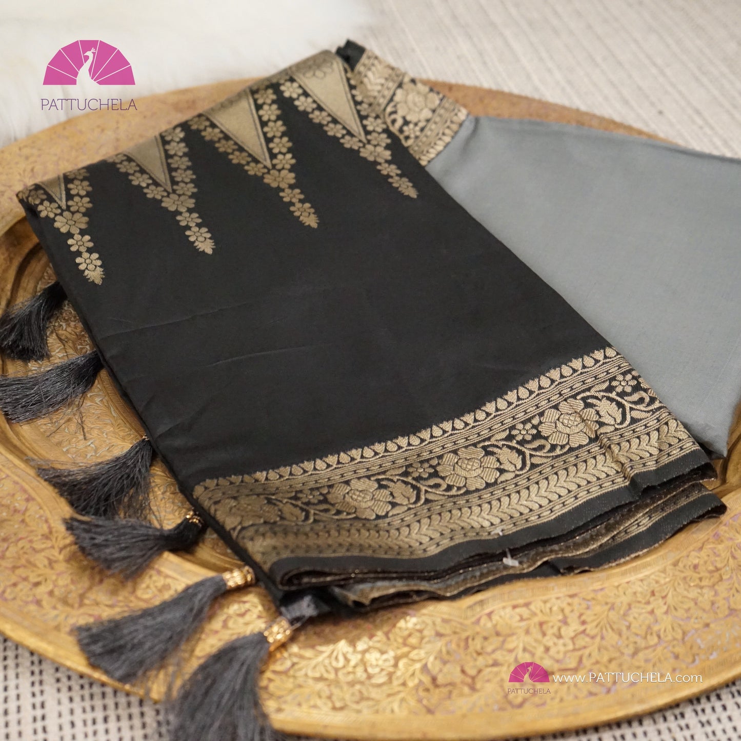 Gray and Black with Antique Gold Banarasi Soft Silk Saree