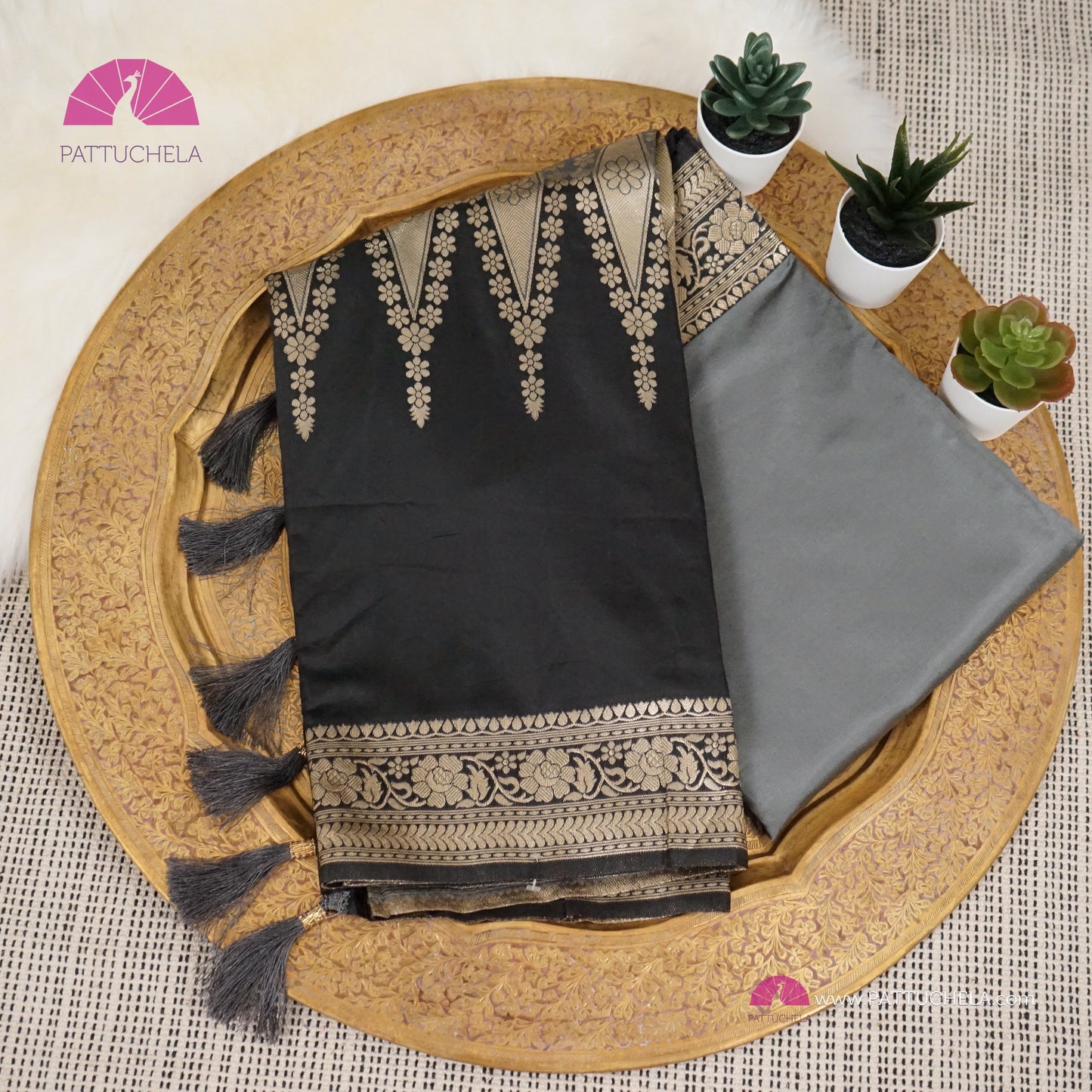 Gray and Black with Antique Gold Banarasi Soft Silk Saree