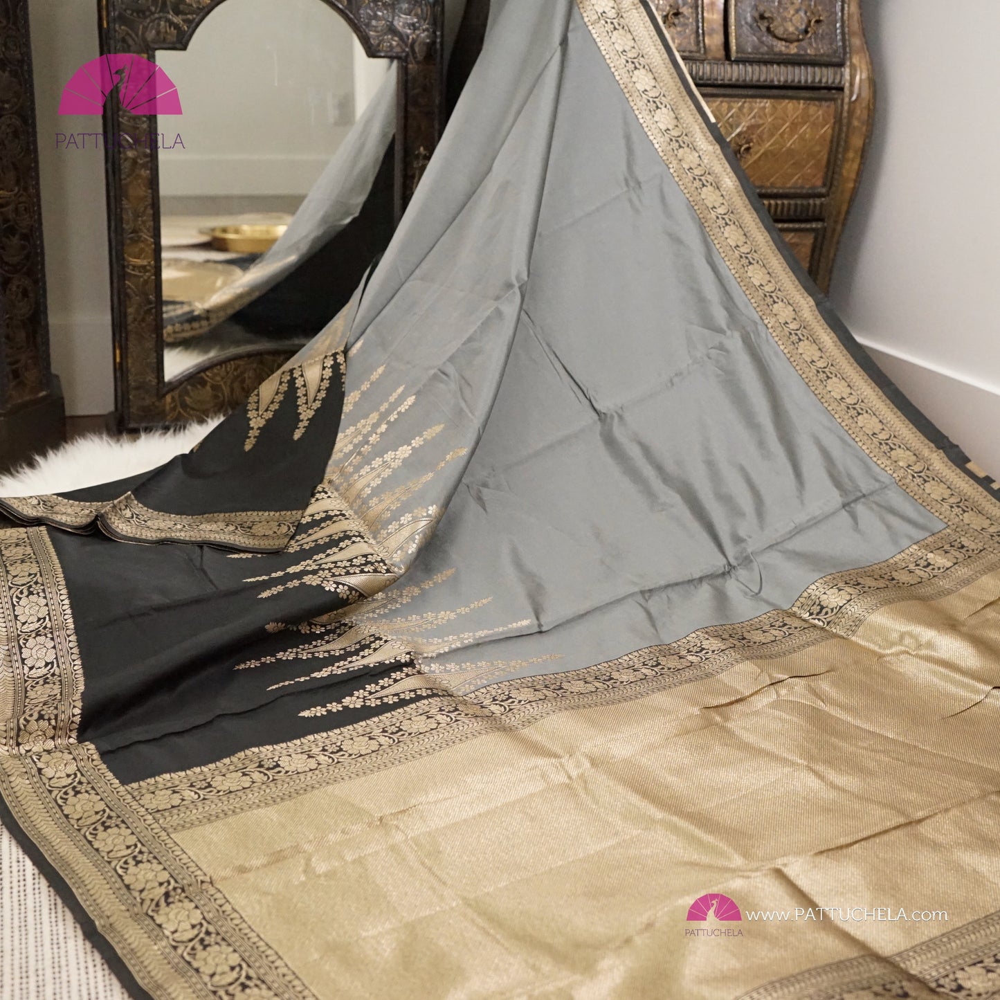 Gray and Black with Antique Gold Banarasi Soft Silk Saree