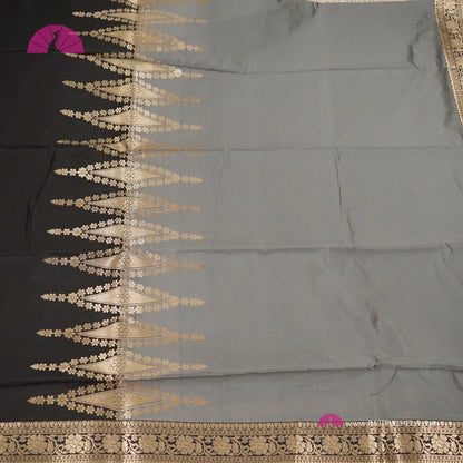 Gray and Black with Antique Gold Banarasi Soft Silk Saree